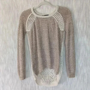 JJ Basics Womens XS Crochet Sweater Beige Y2K Open Knit Boho Beachy Feminine